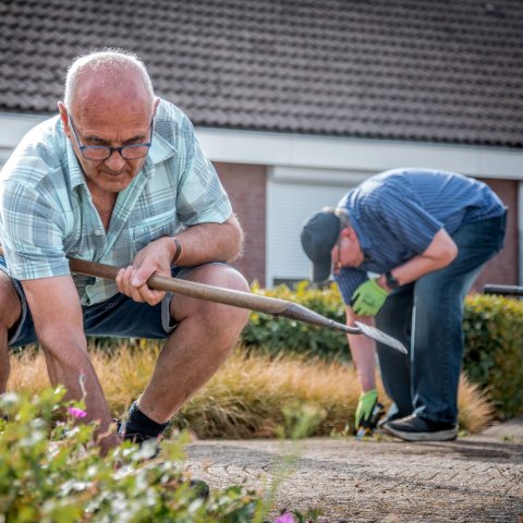 Twee seniore mannen halen onkruid uit de stoep